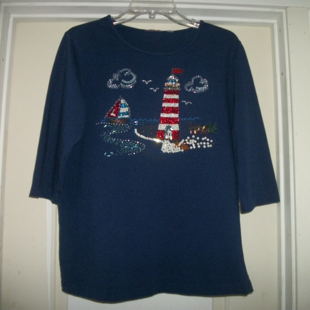 NAUTICAL BUT NICE VINTAGE COTTON LIGHTHOUSE BEADS BLING TEE BLOUSE L
